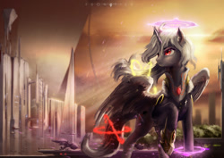 Size: 1024x724 | Tagged: safe, artist:aidelank, oc, oc only, oc:empress shi, species:alicorn, species:pony, city, clothing, empire of shi, female, magic, mare, science fiction, spaceship, structure, uniform