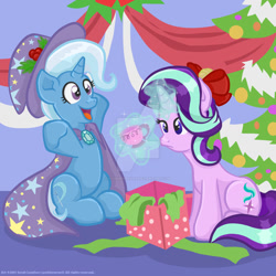 Size: 1024x1024 | Tagged: safe, artist:yoshimarsart, character:starlight glimmer, character:trixie, species:pony, ship:startrix, christmas, christmas tree, cup, cute, diatrixes, female, glowing horn, happy, holiday, lesbian, magic, present, shipping, teacup, telekinesis, that pony sure does love teacups, tree, watermark