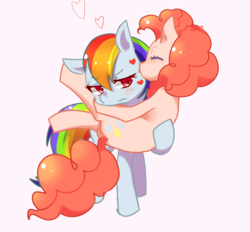 Size: 1400x1300 | Tagged: safe, artist:kkmrarar, character:pinkie pie, character:rainbow dash, species:earth pony, species:pegasus, species:pony, ship:pinkiedash, blushing, bridal carry, carrying, eyes closed, female, heart, kiss mark, kiss on the cheek, kissing, lesbian, lipstick, mare, shipping, simple background, wavy mouth, white background