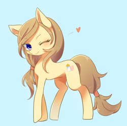 Size: 1200x1186 | Tagged: safe, artist:kkmrarar, oc, oc only, oc:cream heart, species:pony, blue background, button's mom has got it going on, female, heart, looking at you, mare, one eye closed, simple background, smiling, solo, wink