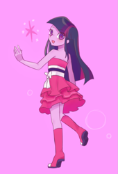Size: 747x1100 | Tagged: safe, artist:kkmrarar, character:twilight sparkle, my little pony:equestria girls, bare shoulders, blue hair, blushing, boots, clothing, cute, cutie mark, cutie mark background, dress, eyelashes, fall formal outfits, female, long hair, looking at you, looking back, looking back at you, moe, multicolored hair, open mouth, pink hair, purple hair, raised leg, ribbon, shoes, skirt, sleeveless, smiling, solo, strapless, twiabetes, twilight ball dress