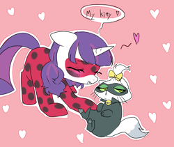 Size: 1200x1011 | Tagged: safe, artist:kkmrarar, character:opalescence, character:rarity, species:pony, species:unicorn, chat noir, clothing, cosplay, costume, crossover, cute, dialogue, eyes closed, floating heart, heart, miraculous ladybug, parody, pink background, raribetes, simple background