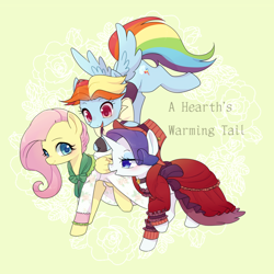 Size: 1200x1200 | Tagged: safe, artist:kkmrarar, character:fluttershy, character:rainbow dash, character:rarity, species:pegasus, species:pony, species:unicorn, episode:a hearth's warming tail, g4, my little pony: friendship is magic, clothing, colored pupils, dress, female, flutterholly, flying, hat, lidded eyes, mare, merry, open mouth, raised hoof, snowdash, title, trio, walking