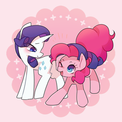 Size: 1200x1200 | Tagged: safe, artist:kkmrarar, character:pinkie pie, character:rarity, species:earth pony, species:pegasus, species:pony, species:unicorn, ship:raripie, blushing, female, lesbian, mare, one eye closed, shipping, smiling, wink
