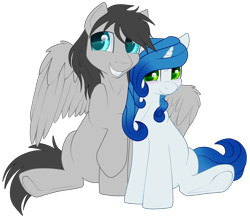 Size: 2036x1772 | Tagged: safe, artist:gleamydreams, derpibooru original, oc, oc only, oc:gleamy, oc:helicity, species:pegasus, species:pony, species:unicorn, 2018 community collab, derpibooru community collaboration, blushing, couple, gleamicity, looking at you, simple background, sitting, spread wings, transparent background, wings