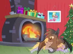 Size: 1525x1127 | Tagged: safe, artist:darktailsko, character:derpy hooves, character:dinky hooves, oc, oc:fireworks, oc:silver shadow, canon x oc, children, christmas, christmas tree, cuddling, family, female, fireplace, food, hearth warming, holiday, male, muffin, silvergunner, straight, tree