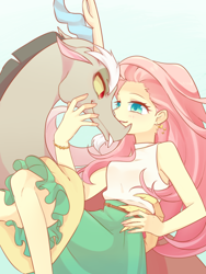 Size: 1200x1600 | Tagged: safe, artist:kkmrarar, character:discord, character:fluttershy, species:draconequus, species:human, ship:discoshy, my little pony:equestria girls, carrying, female, looking at each other, male, shipping, straight