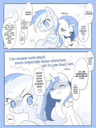 Size: 1200x1600 | Tagged: safe, artist:kkmrarar, character:rainbow dash, character:rarity, species:pegasus, species:pony, species:unicorn, ship:raridash, alternate hairstyle, comic, dialogue, exercise, eyes closed, female, heart, japanese reading order, lesbian, mare, monochrome, nuzzling, open mouth, shipping, sit-ups, smiling, sweat