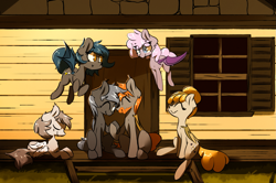 Size: 2155x1435 | Tagged: safe, artist:bloodatius, oc, oc only, oc:angel tears, oc:brick kindler, oc:luca, oc:nuke, oc:sirocca, oc:speck, species:bat pony, species:pegasus, species:pony, angelkindler, bat pony oc, cabin, family, family photo, father and daughter, female, group, group photo, group shot, husband and wife, male, married couple, mother and daughter, smiling, speke