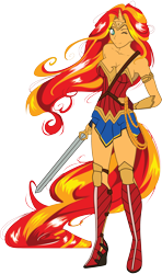 Size: 1974x3341 | Tagged: safe, artist:divinekitten, artist:sonofaskywalker, character:sunset shimmer, my little pony:equestria girls, armor, armor skirt, armpits, beautiful, boots, breasts, cleavage, clothing, cosplay, costume, dc comics, dc extended universe, female, high heel boots, high heels, horn, lasso, lasso of truth, one eye closed, rope, shoes, simple background, skirt, solo, sword, tailed humanization, thighs, transparent background, unconvincing armor, weapon, wink, wonder woman