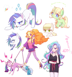 Size: 1500x1600 | Tagged: safe, artist:kkmrarar, character:adagio dazzle, character:aria blaze, character:granny smith, character:pinkie pie, character:princess celestia, character:rainbow dash, character:rarity, character:sonata dusk, parent:rainbow dash, parent:rarity, parents:raridash, species:dog, species:human, species:pony, species:unicorn, my little pony:equestria girls, clothing, converse, fusion, hair over one eye, humanized, japanese, looking at you, magical lesbian spawn, offspring, open mouth, shoes, simple background, species swap, white background, younger