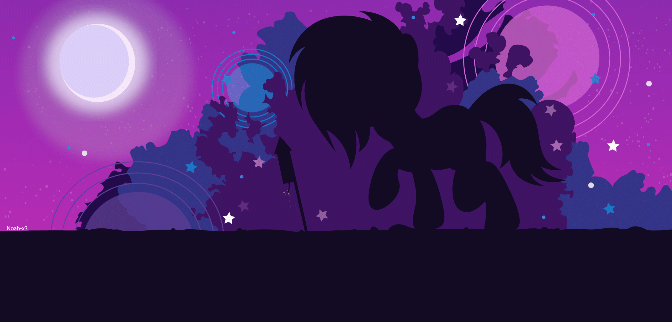 Size: 2250x1080 | Tagged: safe, artist:noah-x3, oc, oc only, oc:neon flare, species:pony, animated, female, fireworks, gif, mare, moon, night, shadow, silhouette, solo, stars