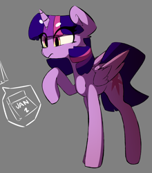 Size: 3570x4056 | Tagged: safe, artist:bloodatius, character:twilight sparkle, character:twilight sparkle (alicorn), species:alicorn, species:pony, beanbrows, eyebrows, female, mare, new year, one hoof raised, simple background, solo