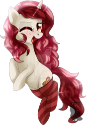 Size: 800x1157 | Tagged: safe, artist:sugguk, oc, oc only, oc:red palette, species:pony, species:unicorn, clothing, female, mare, one eye closed, simple background, socks, solo, striped socks, transparent background, watermark, wink