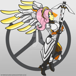 Size: 1024x1024 | Tagged: safe, artist:yoshimarsart, character:fluttershy, my little pony:equestria girls, crossover, female, mercy, mercyshy, overwatch, solo, watermark