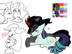 Size: 1280x960 | Tagged: safe, artist:suenden-hund, character:coloratura, character:king sombra, coloratura is amused, crack shipping, curved horn, demigirl, female, heart, king sombra is not amused, lesbian, music notes, pride, prone, queen sombrina the pansexual trans woman, queen umbra, rule 63, shipping, simple background, sombratura, trans female, transgender, white background