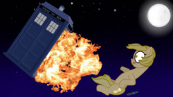 Size: 1024x575 | Tagged: safe, artist:jamesawilliams1996, character:doctor whooves, character:time turner, species:pony, spoilers for another series, doctor who, explosion, falling, jodie whittaker, moon, night, night sky, ponified, sky, sonic screwdriver, tardis, the doctor, thirteenth doctor