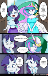 Size: 1024x1629 | Tagged: safe, artist:caoscore, character:princess celestia, character:rarity, species:alicorn, species:anthro, species:pony, species:unicorn, episode:sweet and elite, g4, my little pony: friendship is magic, breasts, clothing, crown, eyes closed, female, jewelry, mare, patreon, patreon logo, regalia, scene interpretation, smiling, watermark