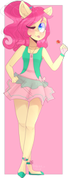 Size: 1811x4713 | Tagged: safe, artist:emily-826, oc, oc only, oc:tree green, species:anthro, species:plantigrade anthro, species:pony, candy, clothing, dress, female, food, lollipop, mare, one eye closed, solo, tongue out, wink