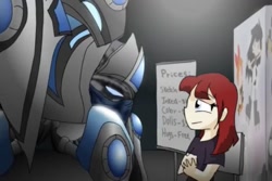 Size: 960x640 | Tagged: safe, artist:alfa995, awesome con, chair, convention, crossover, eye contact, gray background, lauren faust, lidded eyes, looking at each other, protoss, simple background, sitting, size difference, smiling, stalker, stalking, starcraft, starcraft 2, tara strong, text, youtube link