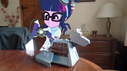 Size: 1024x575 | Tagged: safe, artist:jamesawilliams1996, character:twilight sparkle, character:twilight sparkle (scitwi), species:eqg human, my little pony:equestria girls, clothing, doctor who, equestria girls in real life, glasses, goggles, irl, k-9, lab coat, photo, repairing, sparks