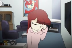Size: 960x640 | Tagged: safe, artist:alfa995, clothing, cropped, eyes closed, facepalm, female, lauren faust, poster, youtube link