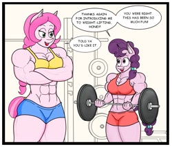 Size: 1359x1162 | Tagged: safe, artist:matchstickman, character:sugar belle, oc, oc:honey suckle, species:anthro, species:earth pony, species:pony, species:unicorn, abs, anthro oc, barbell, biceps, breasts, busty sugar belle, clothing, deltoids, dialogue, duo, female, gym uniform, mare, muscles, sugar barbell, sweat, sweatdrop, weight lifting