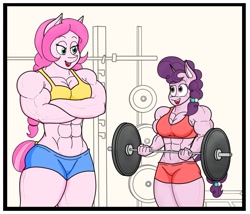 Size: 1359x1162 | Tagged: safe, alternate version, artist:matchstickman, character:sugar belle, oc, oc:honey suckle, species:anthro, species:earth pony, species:pony, species:unicorn, abs, anthro oc, barbell, biceps, breasts, busty sugar belle, clothing, deltoids, duo, female, gym uniform, mare, muscles, no dialogue, sugar barbell, sweat, sweatdrop, textless version, weight lifting