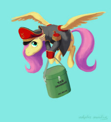 Size: 900x990 | Tagged: safe, artist:adeptus-monitus, character:fluttershy, species:pegasus, species:pony, >:3, blue background, carrying, clothing, commissar, container, crossover, cyrillic, female, floppy ears, flying, food, food container, hat, hoof hold, looking at you, looking sideways, military uniform, peaked cap, ration, russian, simple background, solo, spread wings, tea, translated in the description, uniform, warhammer (game), warhammer 40k, wings