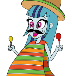 Size: 1201x1270 | Tagged: safe, artist:eagc7, character:sonata dusk, my little pony:equestria girls, clothing, fake moustache, female, happy, loose hair, mexico, poncho, simple background, solo, sombrero, transparent background