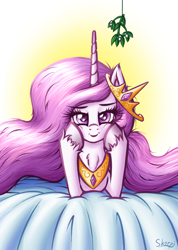 Size: 1032x1451 | Tagged: safe, alternate version, artist:skorpionletun, character:princess celestia, species:alicorn, species:pony, princess molestia, :i, bed, bedroom eyes, chest fluff, cute, cutelestia, ear fluff, female, gradient background, jewelry, leaning, looking at you, mare, messy mane, mistletoe, necklace, prone, smiling, solo, squishy cheeks, unshorn fetlocks