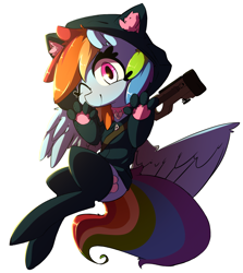 Size: 1984x2222 | Tagged: safe, artist:bloodatius, character:rainbow dash, species:pegasus, species:pony, clothing, collar, cute, dashabetes, female, gun, hoodie, looking at you, mare, paw prints, simple background, solo, weapon, white background