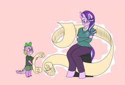 Size: 4680x3196 | Tagged: safe, artist:franschesco, character:spike, character:starlight glimmer, species:anthro, species:dragon, species:pony, species:unguligrade anthro, species:unicorn, anatomically incorrect, clothing, female, glasses, glowing horn, incorrect leg anatomy, list, magic, mare, pants, pink background, shirt, shorts, simple background