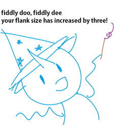 Size: 520x564 | Tagged: safe, artist:besttubahorse, character:trixie, species:pony, species:unicorn, 1000 hours in ms paint, clothing, dialogue, exploitable meme, female, floppy ears, hat, looking at you, mare, meme, minimalist, modern art, shitposting, simple background, skidaddle skidoodle, solo, trixie's hat, wand, white background