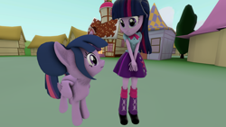 Size: 1280x720 | Tagged: safe, artist:wonderschwifty, character:twilight sparkle, character:twilight sparkle (alicorn), character:twilight sparkle (scitwi), species:alicorn, species:eqg human, species:pony, my little pony:equestria girls, 3d, equestria girls ponified, looking at each other, missing accessory, no glasses, ponidox, ponified, scitwilicorn, self ponidox, source filmmaker, twolight