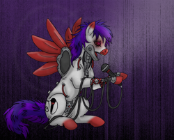 Size: 1044x840 | Tagged: safe, artist:aisu-isme, oc, oc only, oc:small talk, species:pony, creepy ponies, microphone, open mouth, robot, robot pony, sitting, solo, spread wings, wings
