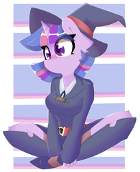 Size: 1921x2352 | Tagged: safe, artist:bloodatius, artist:pastelhorses, character:twilight sparkle, species:anthro, species:pony, abstract background, boots, breasts, clothing, collaboration, colored pupils, compression shorts, crossover, cute, dress, female, hat, little witch academia, mare, shoes, shorts, sitting, skirt, skirt lift, solo, witch, witch hat