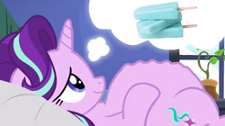 Size: 1024x575 | Tagged: safe, artist:jamesawilliams1996, edit, edited screencap, screencap, character:starlight glimmer, species:pony, species:unicorn, episode:every little thing she does, g4, my little pony: friendship is magic, adorafatty, bed, belly, big belly, cravings, dream, fat, fat edit, female, food, ice cream, lying down, mare, on back, pillow, sea salt ice cream, solo, starlard glimmer, stomach growl, that pony sure does love ice cream