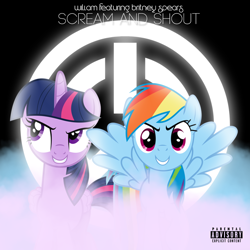 Size: 800x800 | Tagged: safe, artist:penguinsn1fan, artist:rolin11, artist:uxyd, character:rainbow dash, character:twilight sparkle, character:twilight sparkle (alicorn), species:alicorn, species:pegasus, species:pony, advisory, britney spears, cover, female, looking at you, mare, parental advisory, parody, scream and shout, smiling, song reference, spread wings, standing, will.i.am, wings