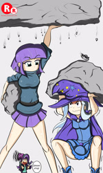 Size: 1500x2500 | Tagged: safe, artist:ryured, character:boulder, character:maud pie, character:starlight glimmer, character:trixie, species:human, my little pony:equestria girls, beanie, cigarette, clothing, cloud, dialogue, dress, equestria girls outfit, female, hat, human coloration, humanized, legs, lifting, pleated skirt, rock, skirt, skirt lift, smoking, speech, speech bubble, sunglasses, trixie's hat, upskirt denied