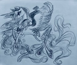 Size: 1280x1081 | Tagged: safe, artist:candasaurus, character:princess luna, species:pony, blue, blue background, female, ink drawing, mare, monochrome, simple background, smiling, solo, traditional art