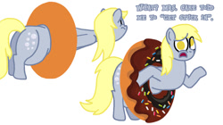 Size: 1024x575 | Tagged: source needed, safe, artist:jamesawilliams1996, character:derpy hooves, species:pony, aderpose, chocolate, confused, donut, fat, female, food, pulling, silly, silly pony, solo, stuck