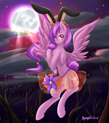 Size: 1024x1156 | Tagged: safe, artist:bunnywhiskerz, oc, oc only, oc:moonlight blossom, species:anthro, species:pegasus, species:pony, species:unguligrade anthro, blushing, bunny ears, clothing, cute, female, halloween, holiday, mare, moon, ocbetes, semi-anthro, skirt, solo