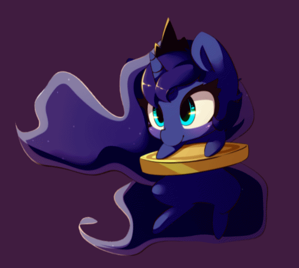 Size: 615x550 | Tagged: safe, artist:bloodatius, artist:szafir87, character:princess luna, species:alicorn, species:pony, animated, bits, blinking, blushing, chibi, coin, cute, female, gif, lunabetes, mare, purple background, simple background, smiling, solo, szafir87 is trying to murder us, tiny ponies, weapons-grade cute