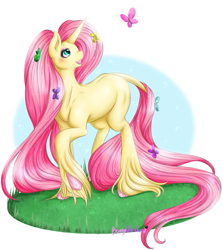 Size: 1397x1563 | Tagged: safe, artist:bunnywhiskerz, character:fluttershy, species:pony, species:unicorn, g5 leak, leak, butterfly, colored hooves, cute, female, fluttershy (g5), grass, head turn, leonine tail, looking at something, looking up, mare, missing cutie mark, open mouth, raised hoof, shyabetes, simple background, smiling, solo, unicorn fluttershy, unshorn fetlocks
