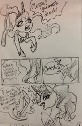 Size: 834x1280 | Tagged: safe, artist:candasaurus, character:princess luna, character:twilight sparkle, character:twilight sparkle (alicorn), species:alicorn, species:pony, comic, corrupted, dialogue, monochrome, sketch, traditional art
