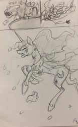 Size: 792x1280 | Tagged: safe, artist:candasaurus, character:princess luna, species:pony, comic, explosion, injured, monochrome, sketch, traditional art