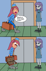 Size: 1043x1587 | Tagged: safe, artist:eagc7, character:maud pie, oc, my little pony:equestria girls, boots, briefcase, clothing, comic, dialogue, elevator, female, hat, krusty towers, nickelodeon, pants, parody, rock, shoes, spongebob squarepants, that pony sure does love rocks, trace, uniform