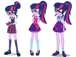 Size: 1519x1152 | Tagged: safe, artist:aqua-pony, artist:legoinflatables, artist:seahawk270, character:twilight sparkle, character:twilight sparkle (scitwi), species:eqg human, episode:a fine line, equestria girls:friendship games, g4, my little pony: equestria girls, my little pony:equestria girls, spoiler:eqg specials, adorkable, arm behind back, belt, bow tie, clothing, comparison, crystal prep academy, crystal prep academy uniform, crystal prep shadowbolts, cute, cutie mark on clothes, dork, female, geode of telekinesis, glasses, hair bun, magic capture device, magical geodes, mary janes, open mouth, pleated skirt, ponytail, school uniform, shoes, simple background, skirt, smiling, socks, solo, standing, transparent background, twiabetes, vector
