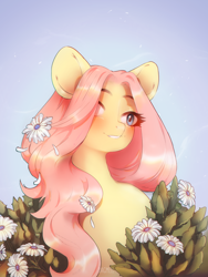 Size: 1628x2160 | Tagged: safe, artist:dagmell, character:fluttershy, species:pegasus, species:pony, beautiful, blue background, blue eyes, bust, chromatic aberration, cute, female, flower, flower in hair, mare, pink hair, shyabetes, simple background, smiling, solo